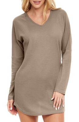 Adr Women's Long Sleeve Ribbed Knit Nightshirt, V-neck Sleepshirt