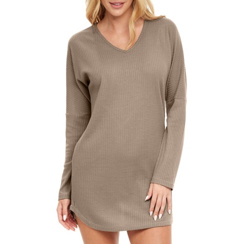 Adr Women's Long Sleeve Ribbed Knit Nightshirt, V-neck Sleepshirt