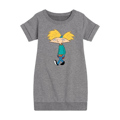 - Hey Arnold! - Distressed Arnold Graphic Short Sleeve Fleece Dress