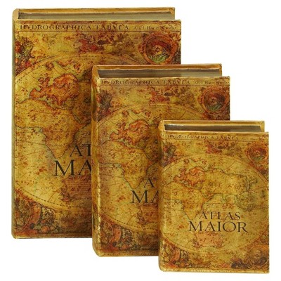 Olivia & May Vintage Reflections Rustic "Atlas Maior" MDF Book Box Set, Faux Leather 3ct - Traditional Decor Storage