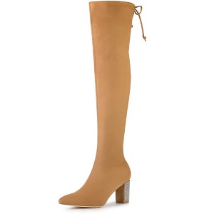 Allegra K Women's Chunky Heels Rhinestone Over the Knee High Boots - 1 of 4