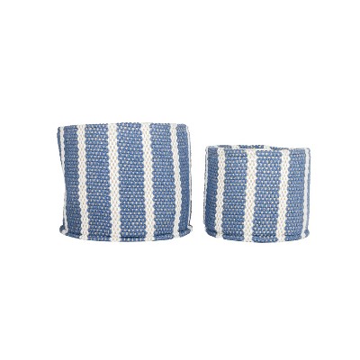 Set of 2 Hand Woven Bins Blue Striped Cotton by Foreside Home & Garden