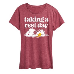 Women's - Peanuts - Snoopy & Woodstock Taking a Rest Day Short Sleeve Graphic T-Shirt - 1 of 4