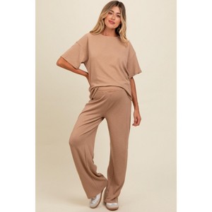 Pinkblush Taupe Textured Knit Oversized Tee And Pants Maternity Set - 1 of 4