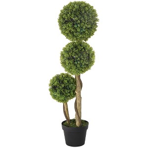 35.5" Artificial Ball Boxwood Topiary Tree Fake Plant in Pot for Indoor Outdoor Living Room Decoration Light - 1 of 4