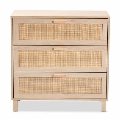 Sebille Light Brown Wood and Rattan 3-Drawer Chest