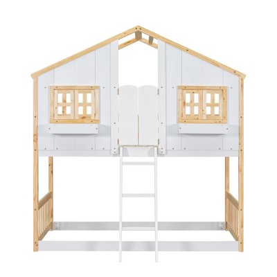 NicBex Twin Over Twin House Bunk Bed with Roof,Window,Ladder and Safety Guardrail for Kids,Girls,Boys