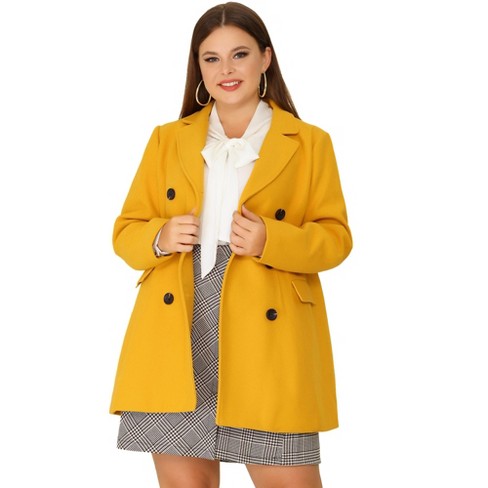 Agnes Orinda Women's Plus Size Winter Outfits Notched Lapel Double Breasted  Overcoats Mustard Yellow 3X