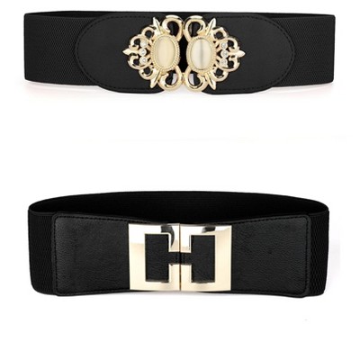 INSPIRE CHIC Women Stretchy Elastic Retro Metal Buckle Waist Belt for Dress 2Pcs