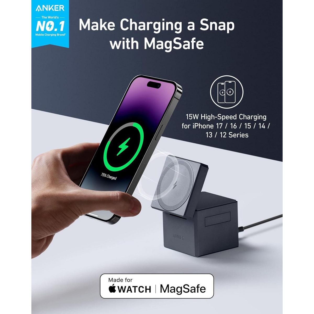 Refurbished Anker 3-in-1 Cube MagSafe 15W Charging Station, Wireless Charger, Desktop Stand for iPhone 17/16, Apple Watch, AirPods (Adapter Included) - thumbnail 2