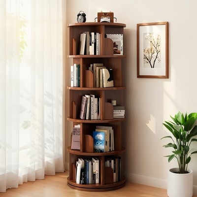 YONWAY 5 Tier Rotating Bookshelf Open Storage Bookcase 360° Display Round Spinning Bookshelf for Bedroom, Living Room, Home, Office