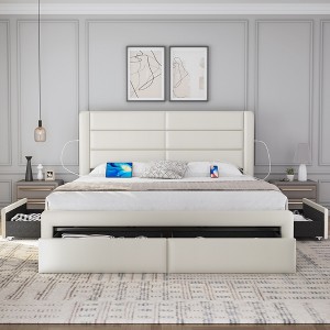 Yaheetech Upholstered Bed Frame with 3 Storage Drawers and Built-In USB Ports - 1 of 4