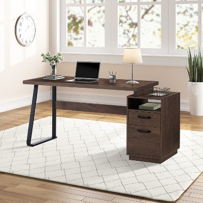 65”W Office Desk Computer Desk Writing Study Table with Drawers, Brown-ModernLuxe