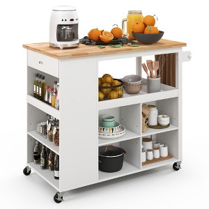 Costway Kitchen Island Trolley Cart on Wheels with Storage Open Shelves & Drawer White/Brown - 1 of 4