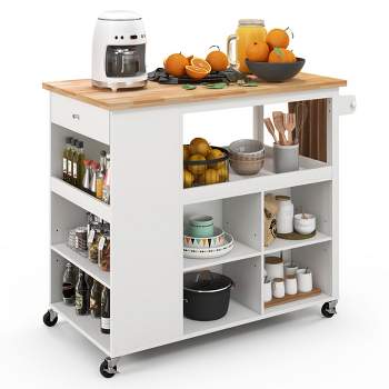 Costway Kitchen Island Trolley Cart on Wheels with Storage Open Shelves & Drawer White/Brown