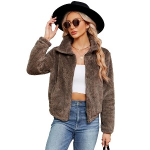 Women's Fleece Jackets Zip-Up Jacket Coats Long Sleeve Mock Neck Open Front Jacket with Pockets - 1 of 4