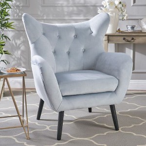 Modern Velvet Curved Wingback Chair, Upholstered Accent Chair, Button-Tufted Arm Chair with Oak Frame and Black Legs -Christopher Knight Home - 1 of 4