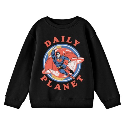 Superman Flying in Front of Daily Planet Youth Black Crew Neck Sweatshirt