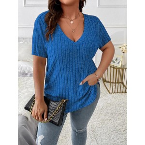 Women's Plus Size Casual Tops V Neck Solid Color Shirts Lightweight Short Sleeve Blouses - 1 of 1