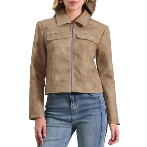 Allegra K Women's Faux Leather Zip Up Long Sleeve Vintage Moto Biker Jackets X-Large Tan