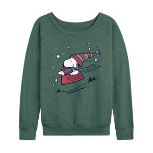 Women's - Peanuts - Snoopy Sledding Lightweight French Terry Wide Neck Long Sleeve Shirt - 1 of 4