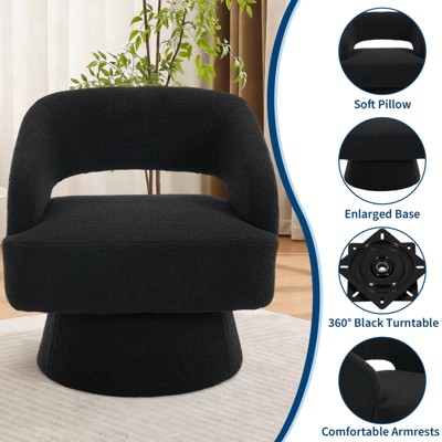 Close-up of chair with features icons: soft pillow, enlarged base, 360° turntable, comfortable armrests