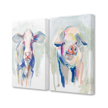 Stupell Industries Colorful Cow And Pig Farm Animal Paintings Gallery Wrapped Canvas Wall Art 2pc Set, 16 x 20