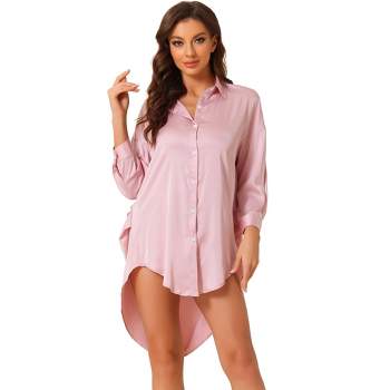 cheibear Women's Satin Nightgown Sleepwear Dress Lounge Boyfriend Button Down Nightshirt