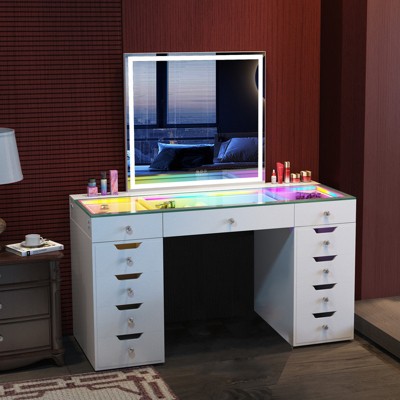VANITII 11-Drawer Makeup Vanity With RGB Strip Lights, Dimmable LED Mirror, White