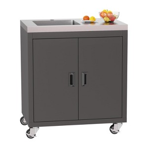 ROVSUN Commercial Black Stainless Steel Utility Sink with Cabinet and Wheels, 34.5"D x 19.6"W x 35.4"H, Heavy-Duty Freestanding Sink for Restaurant - 1 of 4