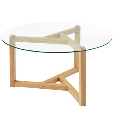 NicBex Modern 35.43" Round Coffee Table with Tempered Glass Top and Wood Cross Legs for Living Room