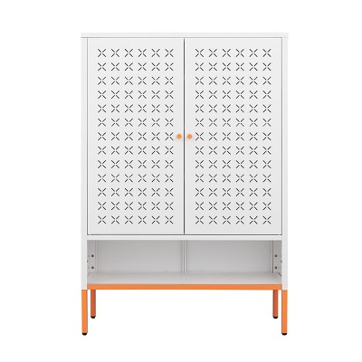 GlasFlength Shoe Racks Double Door Shoe Cabinet Long Shoe Rack FreeStanding Shoe Rack for Living Room, White, 31.49"*13.77"*46.45"