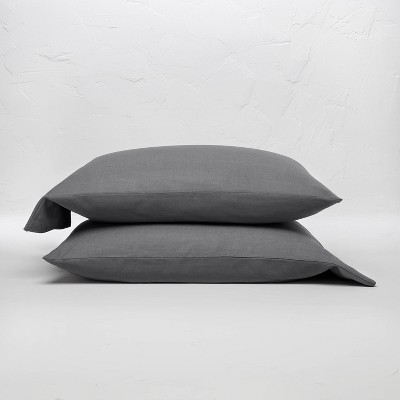 Standard 100% Washed Linen Solid Pillowcase Set Dark Gray - Casaluna™