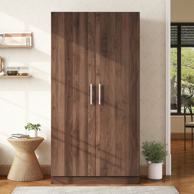 JUJABU 2-Door Wooden Wardrobe Armoire with 3 Storage Shelves, Brown