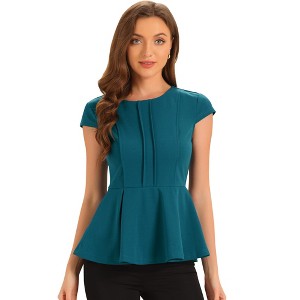 INSPIRE CHIC Women's Elegant Round Neck Cap Sleeve Solid Color Peplum Blouses - 1 of 4