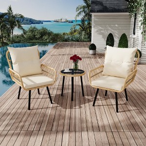 Garvee 3 Piece Outdoor Wicker Patio Bistro Set, Rattan Conversation Set with Glass Top Coffee Table and Cushioned Chairs for Poolside, Garden, Beige - 1 of 4