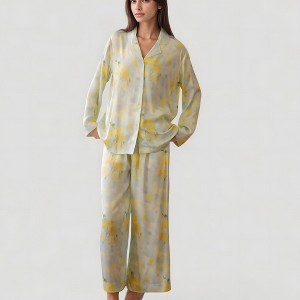 Anna-Kaci Lounge Women's Watercolor Floral Print Pajama Set with Relaxed Long Sleeve Button-Up Top and Wide Leg Pants - 1 of 4