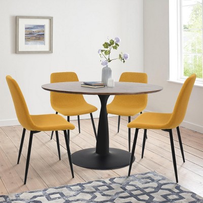 Harold+Bingo 5-Piece Walnut Foil  Round Top Pedestal Dining Table Set with 4 Upholstered Chairs -Maison Boucle‎