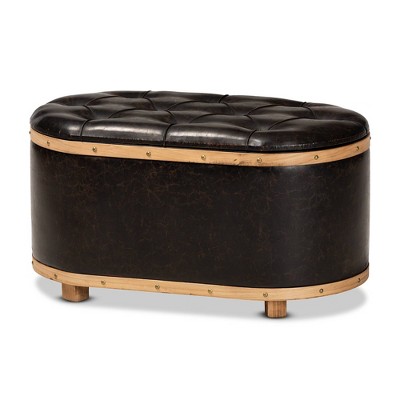 Adana Faux Leather Upholstered and Wood Storage Ottoman Dark Brown/Oak Brown - Baxton Studio