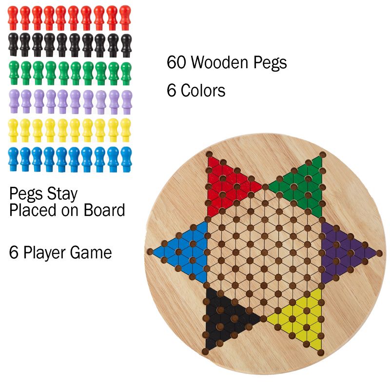 Toy Time Chinese Checkers Game Set for Adults and Kids - 11" Wooden Board and Traditional Pegs, 3 of 7