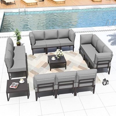 ALAULM Metal Patio Furniture Set Modern Metal Outdoor Conversation Sets w/45in Propane Fire Pit Table, Patio Sectional Sofa w/5 Inch Cushion