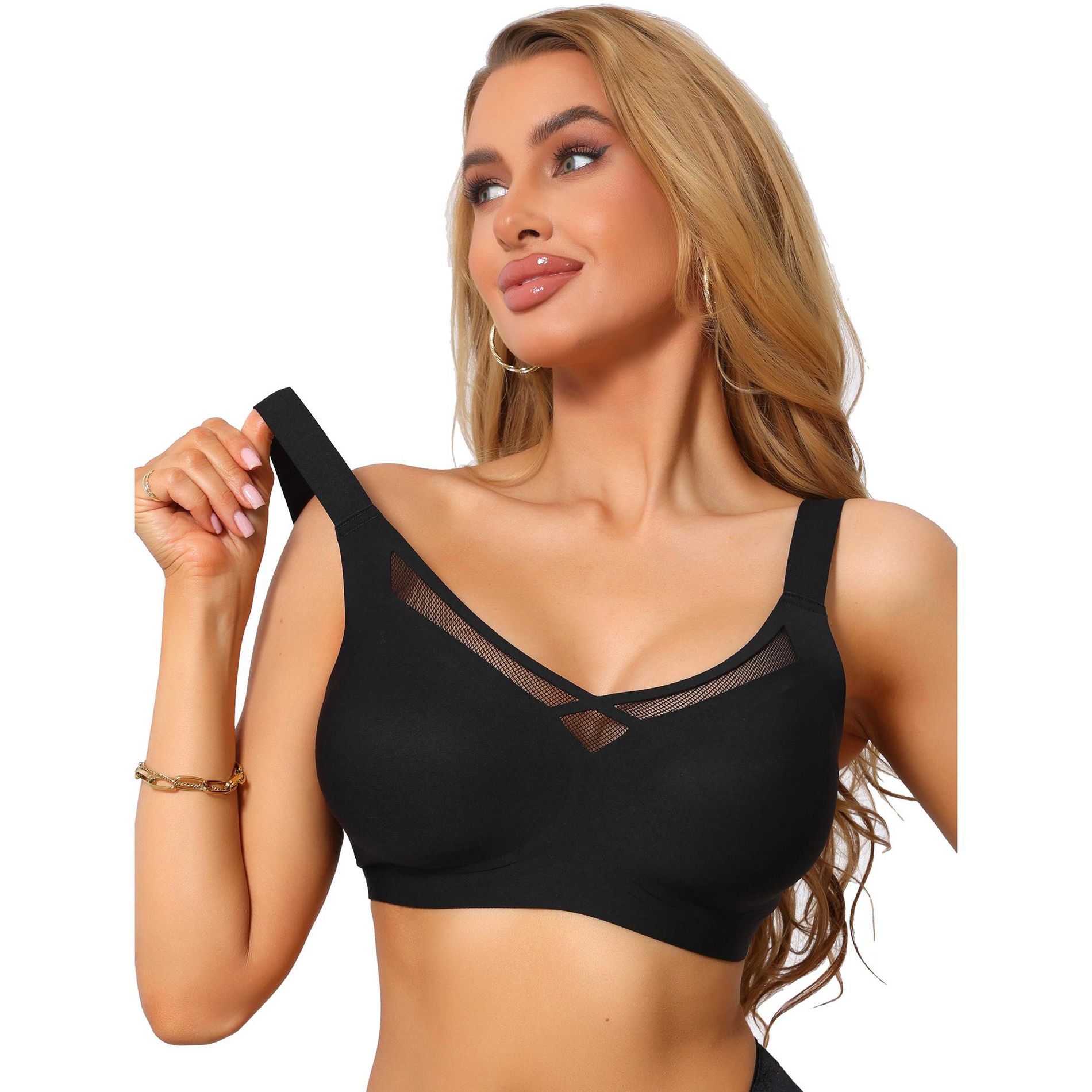 INSPIRE CHIC Women's V-Neck Mesh Full Coverage Wireless Soft Cup Wide Adjustable Straps Minimizer Bras XX-Large Black