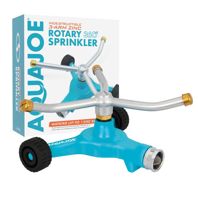 Aqua Joe AJ-TRSWB Indestructible 3-Arm Zinc Rotary 360 Degree Sprinkler | Wheeled Base | 1390 sq ft Max Coverage, 1 of 7