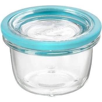 Bormioli Rocco Frigoverre Future 6.25 oz. Round Food Storage Container, Made From Durable Glass, Dishwasher Safe, Made In Italy,Clear/Teal Lid