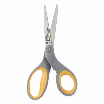 Westcott Titanium Bonded Scissors, 8" Long, 3.5" Cut Length, Gray/Yellow Straight Handles, 2/Pack