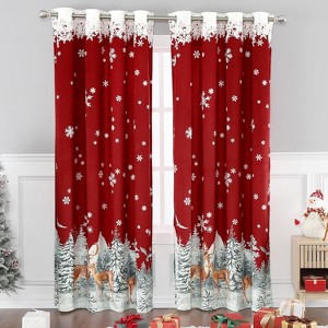 Velvet Red Christmas Window Curtain with Reindeer Design for Living Room, Floral Holiday Decor, Thermal Insulated Romm Darkening, 2 Panels 52x63in - 1 of 4