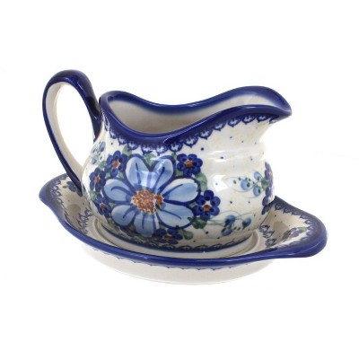 Blue Rose Polish Pottery Daisy Surprise Gravy Boat & Plate