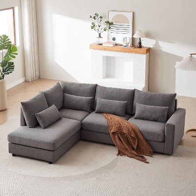MAYEERTY 100.2 Convertible L Shaped Linen Sofa Ottoman Plastic Legs 5 Cushions 4 Lumbar Pillows Comfortable Combination Gray