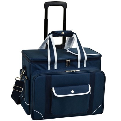 Blue Insulated Picnic Cooler Bag with Wheels and Service for Four