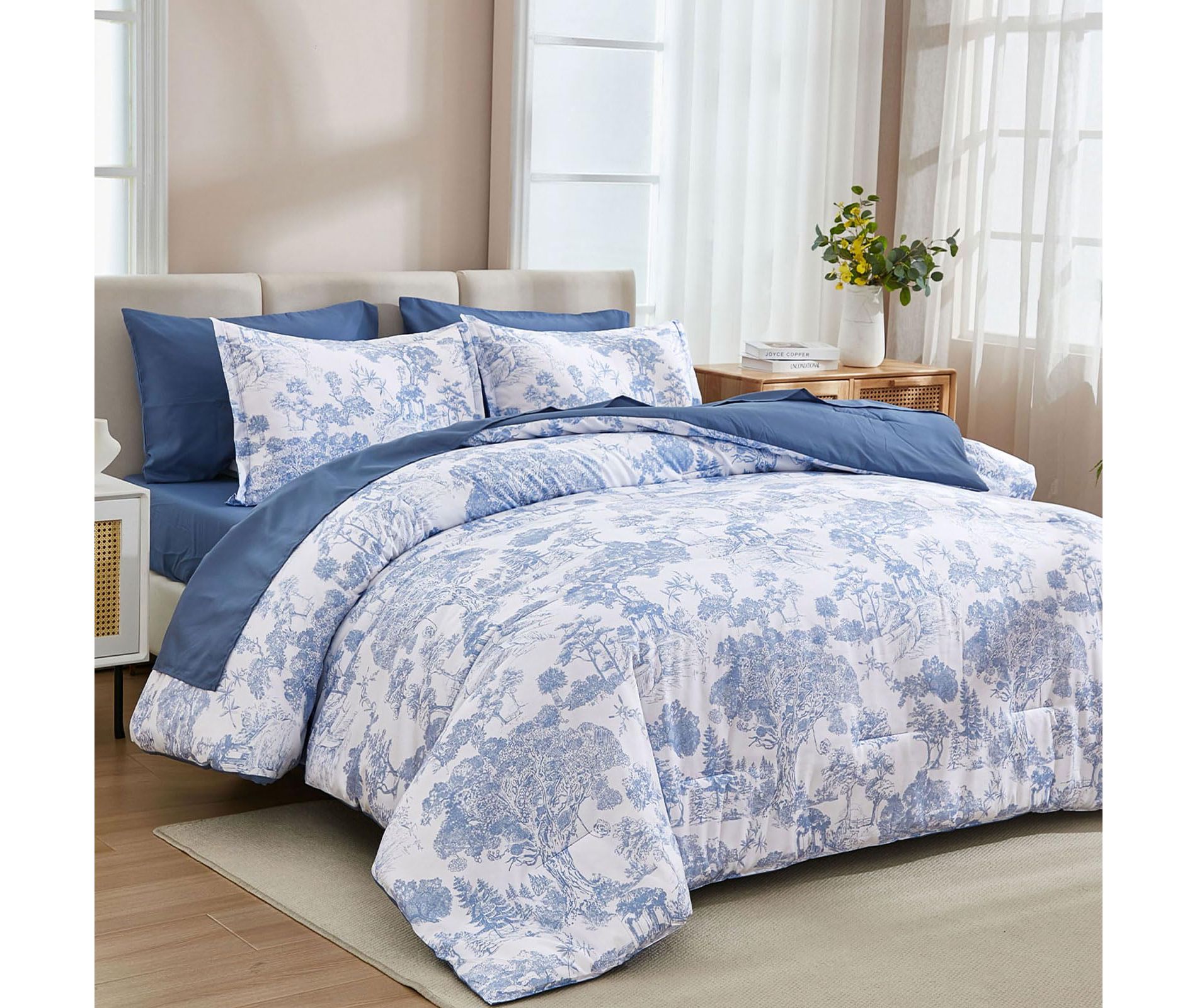 BAGOKIE 7 PCS Bed in a Bag Flower Reversible Comforter with Sheets Bedding Set